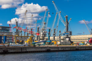 Germany, Mecklenburg-West Pomerania, Rostock harbor, Liebherr harbor cranes Germany, Mecklenburg-West Pomerania, Rostock harbor, Liebherr harbor cranes
